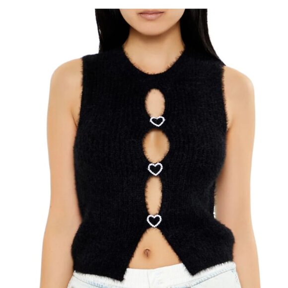 Forever 21 - 2PC Bundle Fuzzy Knit Keyhole Black Pink Sweater Vest Top - Picture 2 of 10